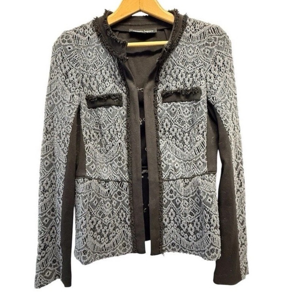 Nanette Lepore Black Gray Lace Fringe Hook & Eye Blazer Jacket Women's Size